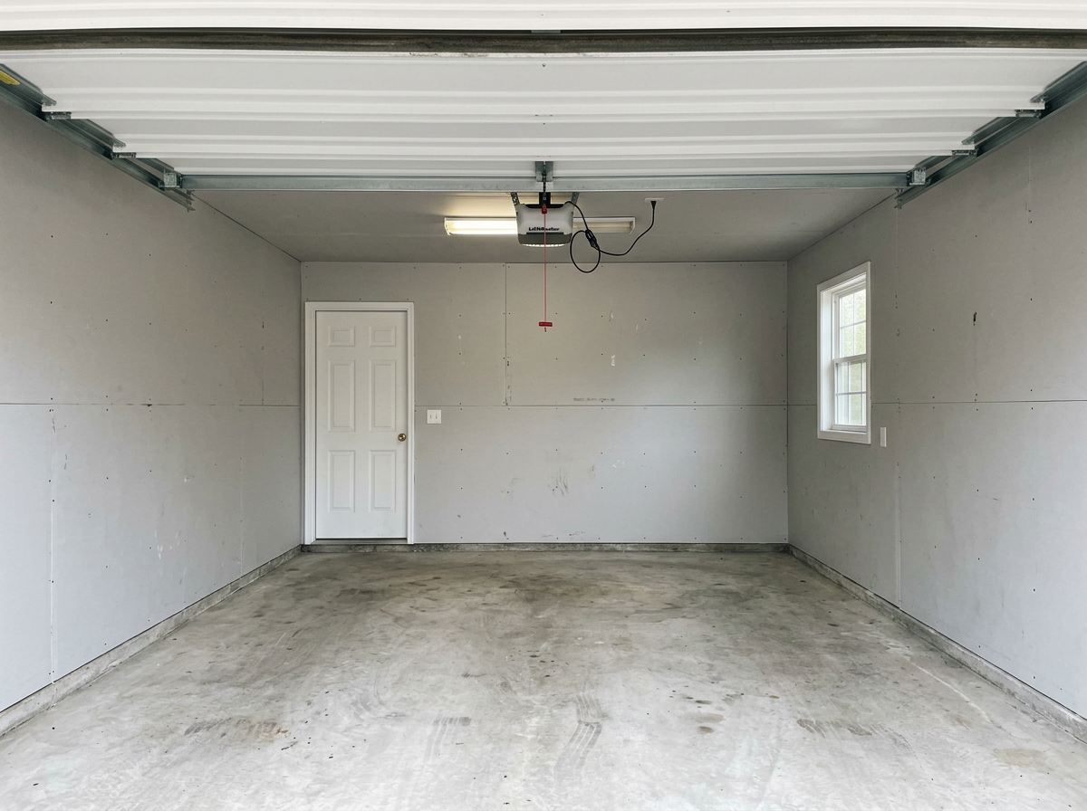 The same garage completely empty with a swept concrete floor