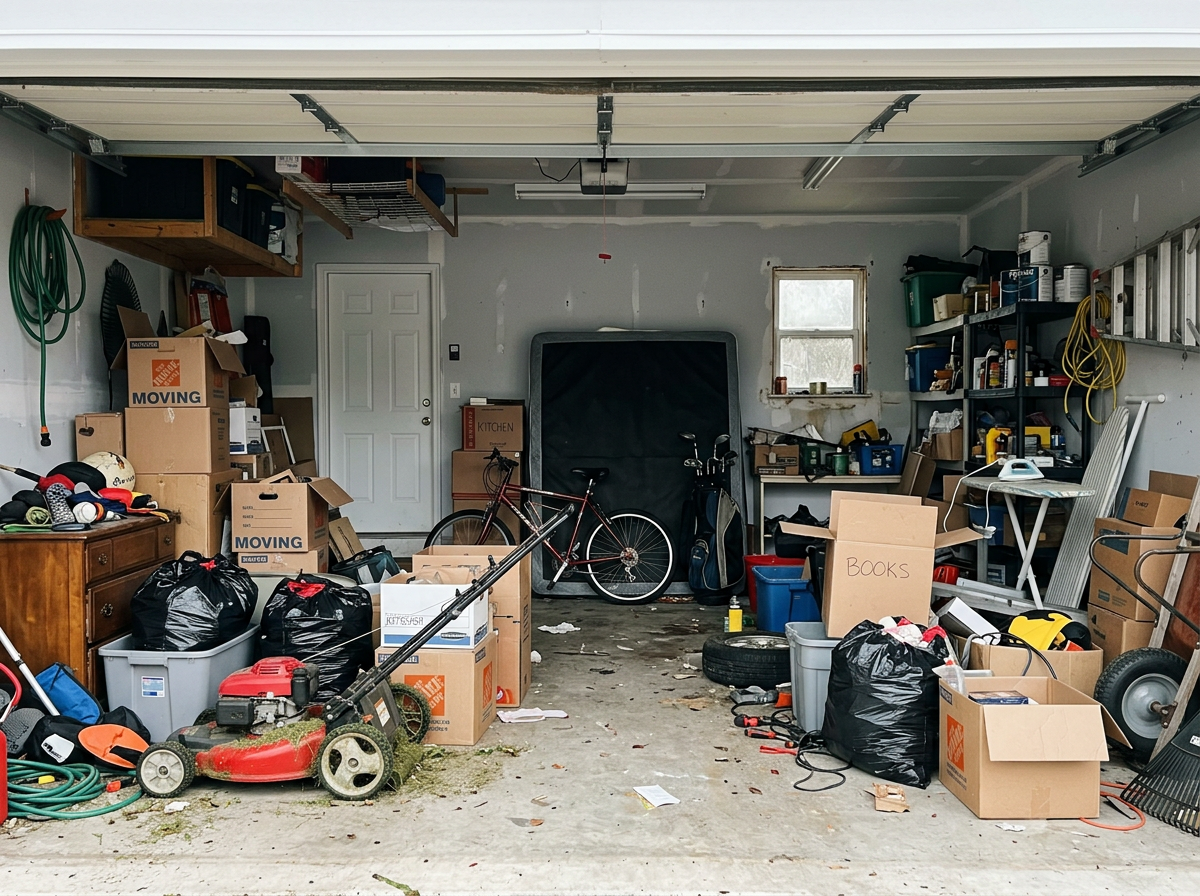 A cluttered garage packed with boxes, bags, a lawn mower, and old furniture